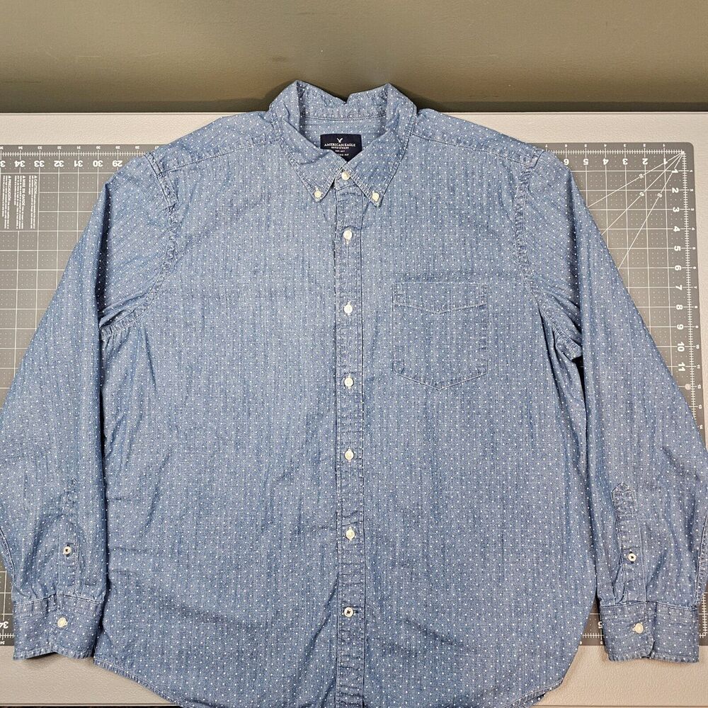 American Eagle Shirt Mens XXL Polka Dot Denim Preppy Casual AEO Essential Blue